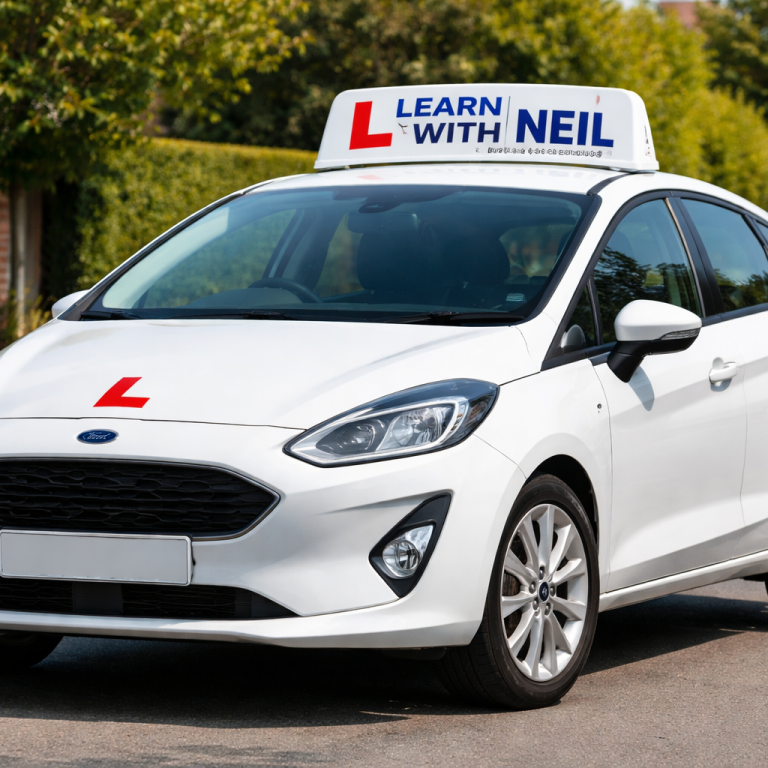 Learner car image White Ford car with "Learn with Neil" learner driver sign on the roof.