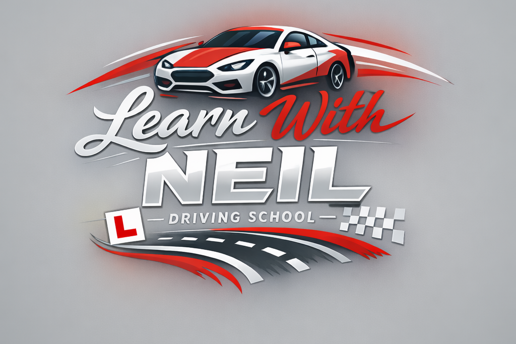 Learn With Neil Logo for "Learn With Neil Driving School" featuring a red and white car and L plate.